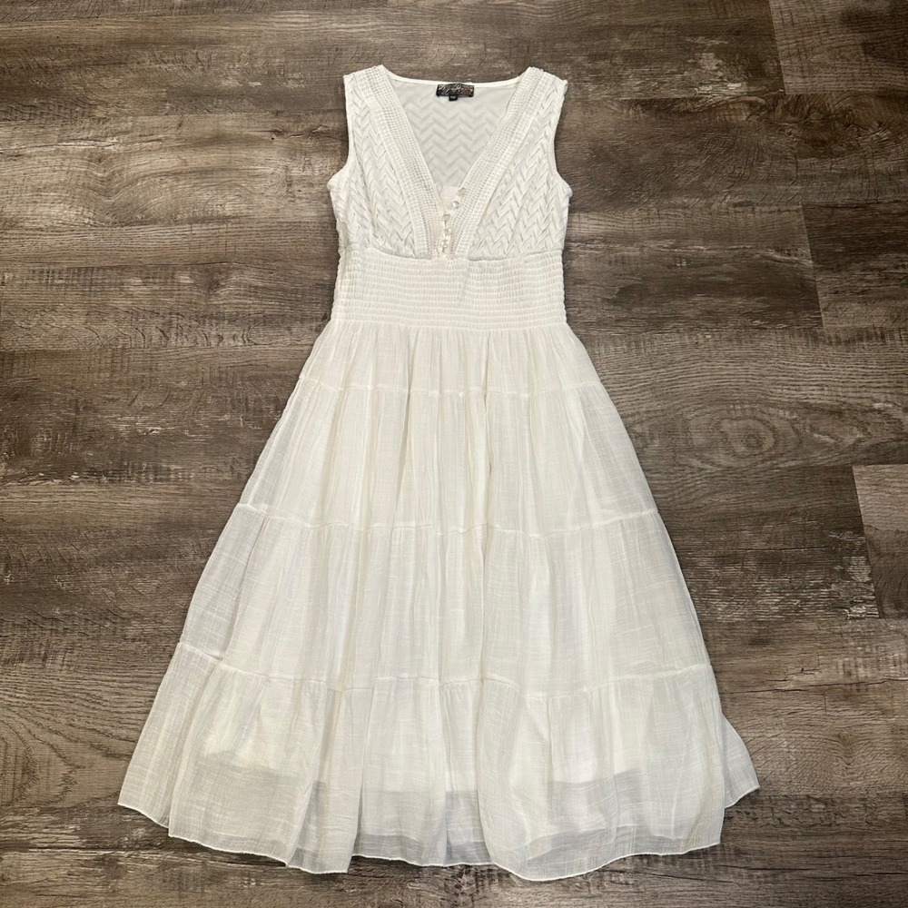 J. Glee Ivory Crochet Smocked Tiered Boho Midi Dress Womens Petite Medium PM